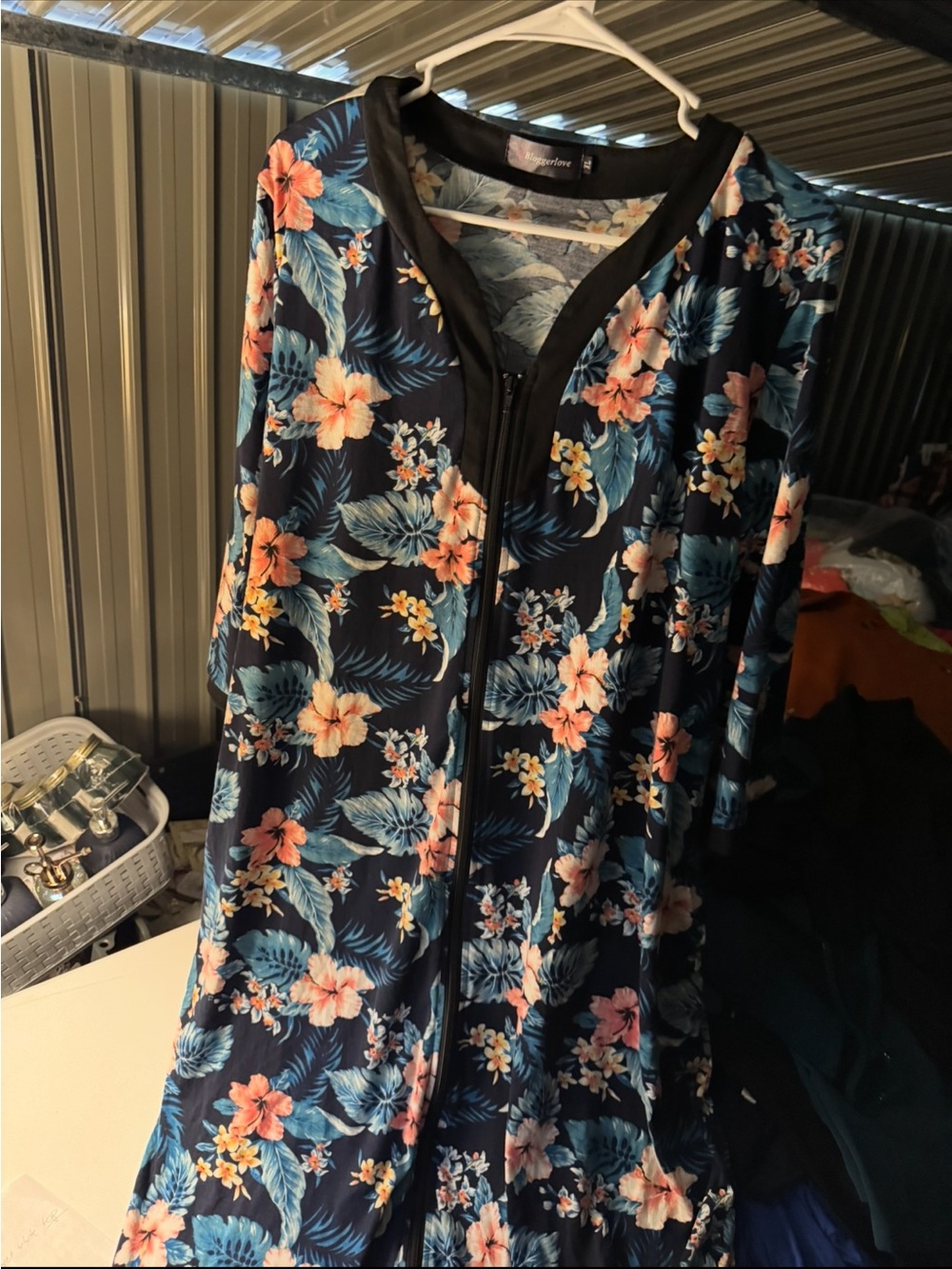 Floral Zip-Front Long Sleeve Maxi Dress in Navy